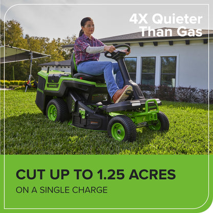 Greenworks 60V 30' Riding Lawn Mower (1.25 Acre, 16 HP Gas Equivalent, 6 MPH, Tow Up to 200 lbs.), (4) 8.0Ah Batteries (1,920 Wh Max) + Turbo Wall Charger